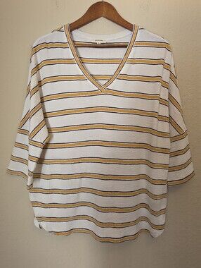 Max Studio Top Womens Small White Gold Stripe Batwing Sleeve Casual Soft Knit